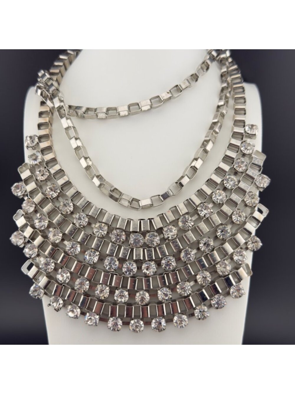 Clear Rhinestone Layered Chain Bib Statement Necklace Set Silver Tone